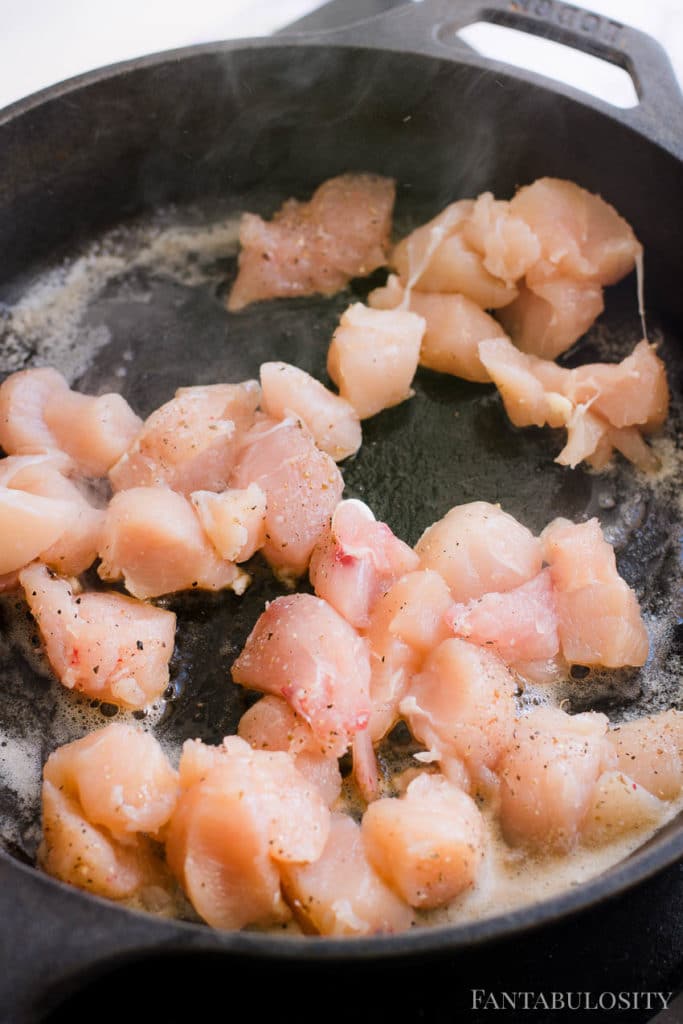 Put raw chicken in cast iron in browned butter to cook