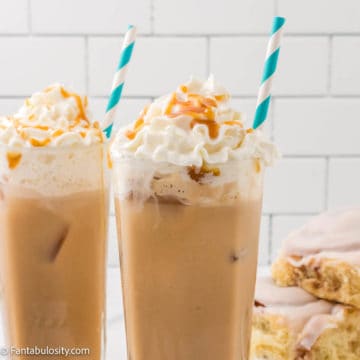 iced caramel lattes with straw