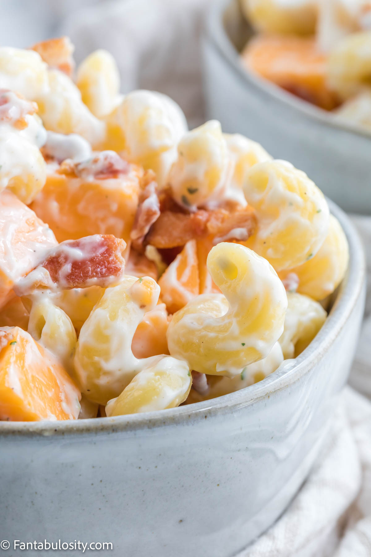 bacon ranch pasta in gray bowl