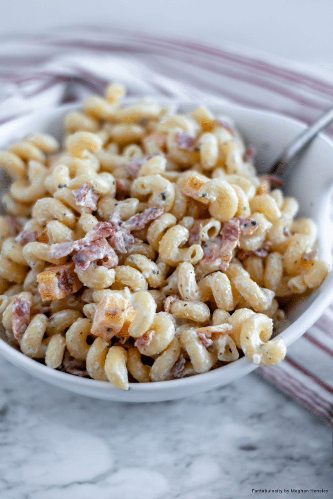 Bacon Ranch Pasta Salad is perfect for potlucks or as a weeknight side dish. Only 6 ingredients needed to get this creamy pasta salad on the table.