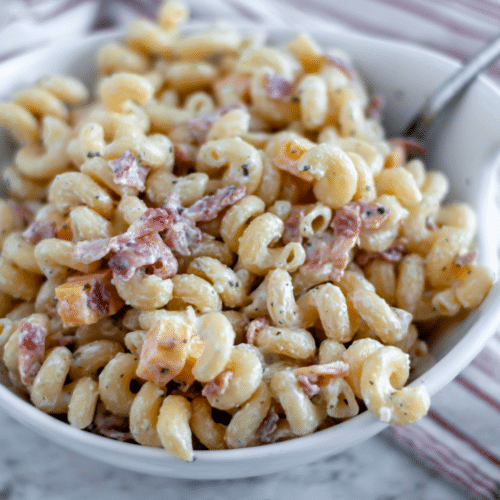 This 6 ingredient Bacon Ranch Pasta Salad is so simple and delicious. Perfect for potlucks, barbecues or a weeknight side dish.