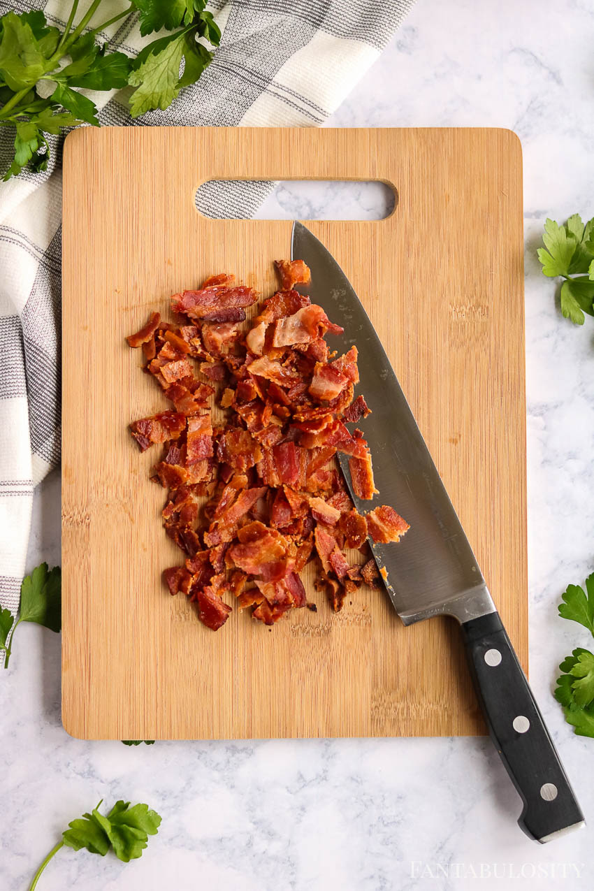 Chopped bacon on a cutting board