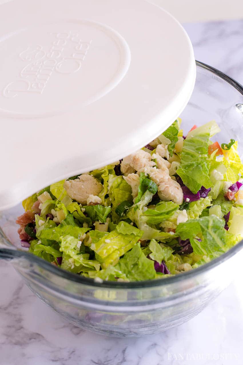 Chopped Salad in a large bowl with lid to mix in dressing