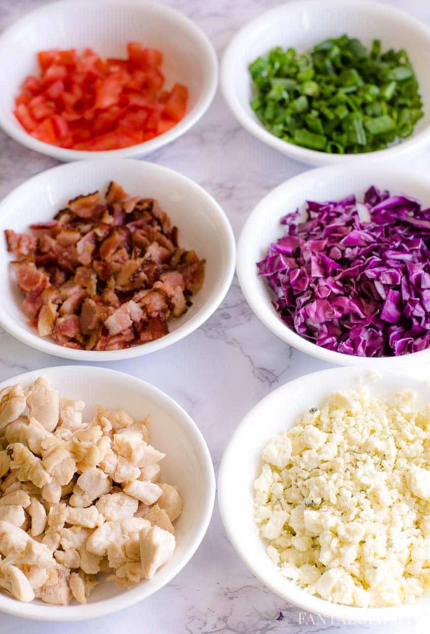 Toppings for chopped salad - chicken, blue cheese, bacon, red cabbage, green onions, tomatoes