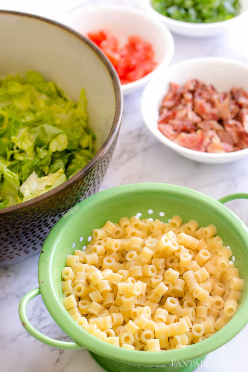 Cooked Ditalani pasta on Italian chopped salad