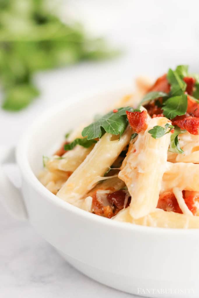 Chicken bacon ranch pasta in a white bowl