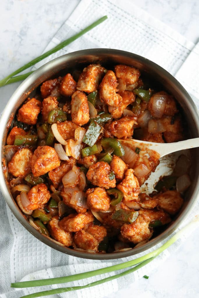 Chilli Chicken ready to serve in a skillet