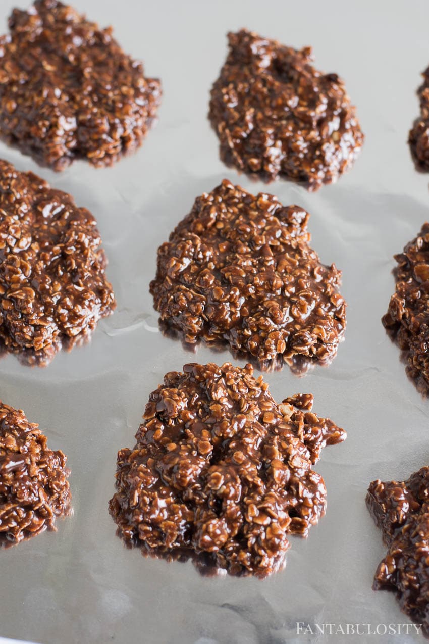 No bake chocolate oatmeal and peanut butter cookies - set on aluminum foil