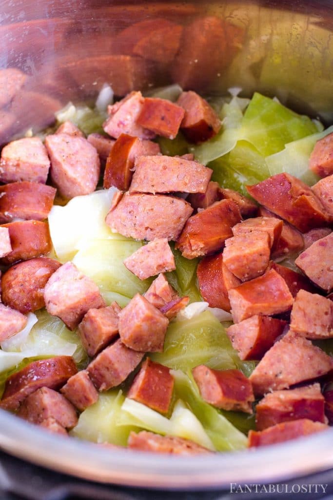 Cooked kielbasa and cabbage in the pressure cooker