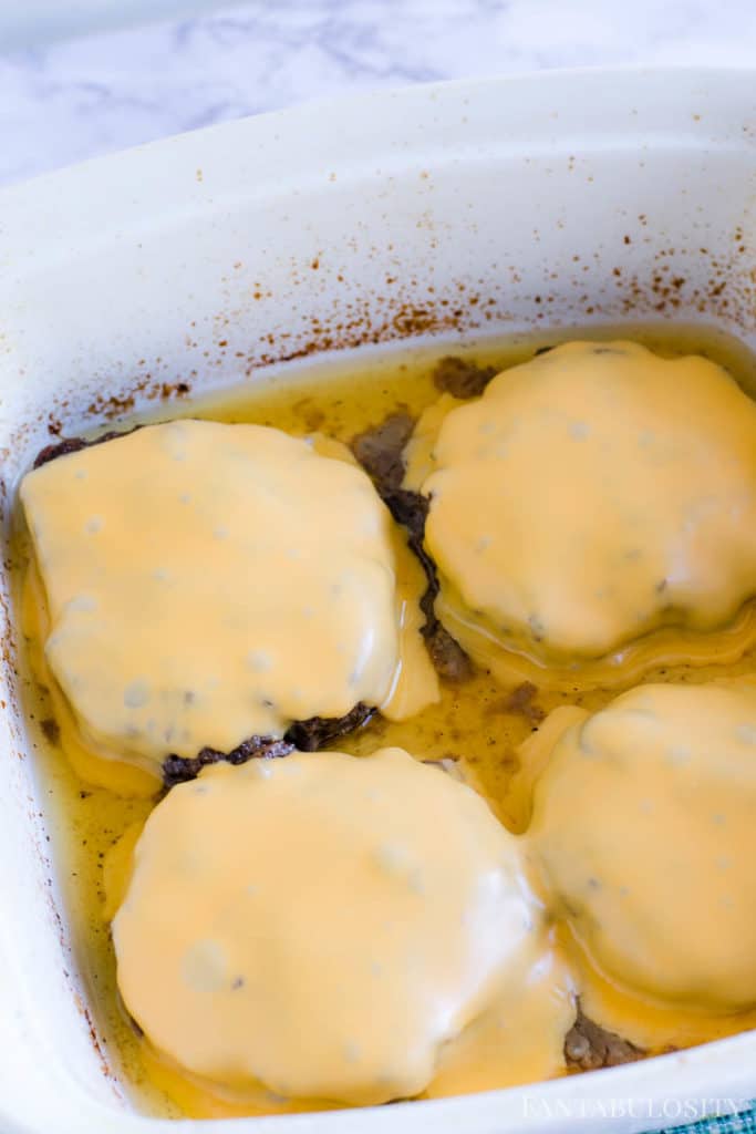 Cheese added to baked hamburgers