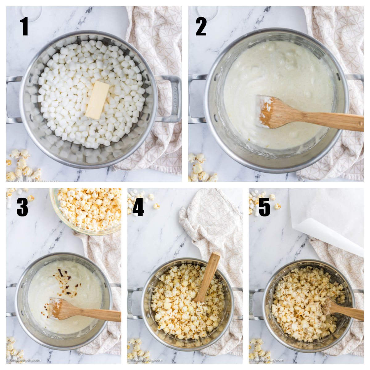 step by step collage of making marshmallow popcorn balls