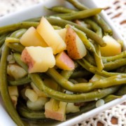 Instant Pot Green Beans and Potatoes in a white serving dish