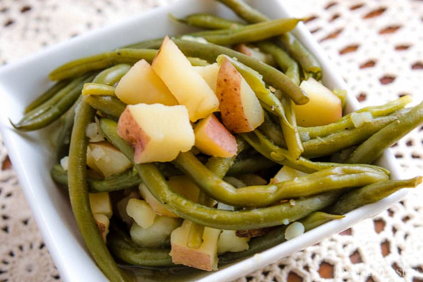 Instant Pot Green Beans and Potatoes in a white serving dish