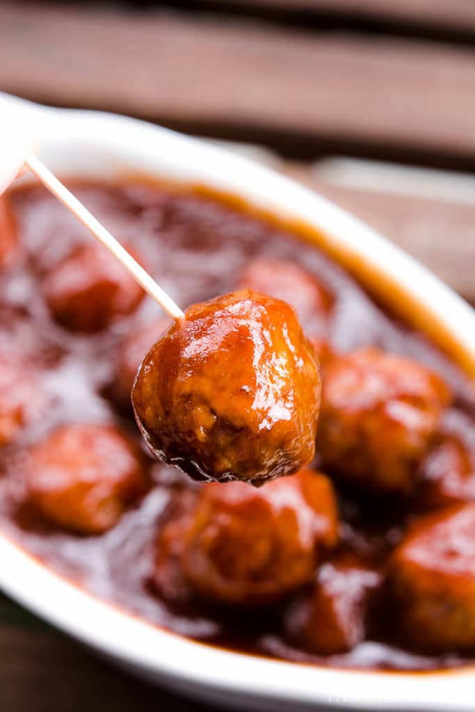 Slow Cooker BBQ Meatballs with Grape Jelly, Sriracha & BBQ Sauce