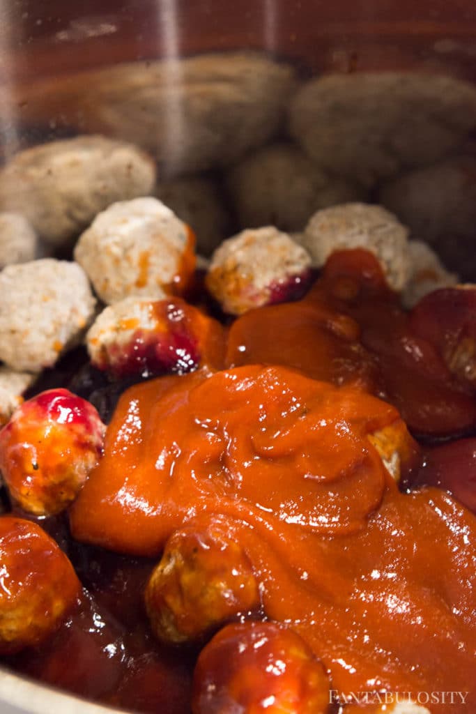 Sriracha, jelly and bbq sauce meatballs