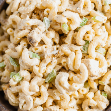 This simple, pantry staple Chicken Macaroni Salad is just what we need right now. A simple creamy dressing, tossed with tender pasta, chicken, celery and onion that’s done in a flash.