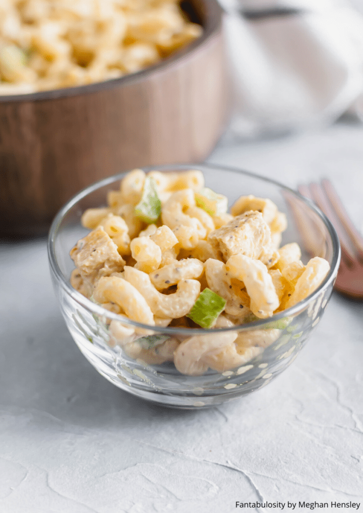 This simple, pantry staple Chicken Macaroni Salad is just what we need right now. A simple creamy dressing, tossed with tender pasta, chicken, celery and onion that’s done in a flash.