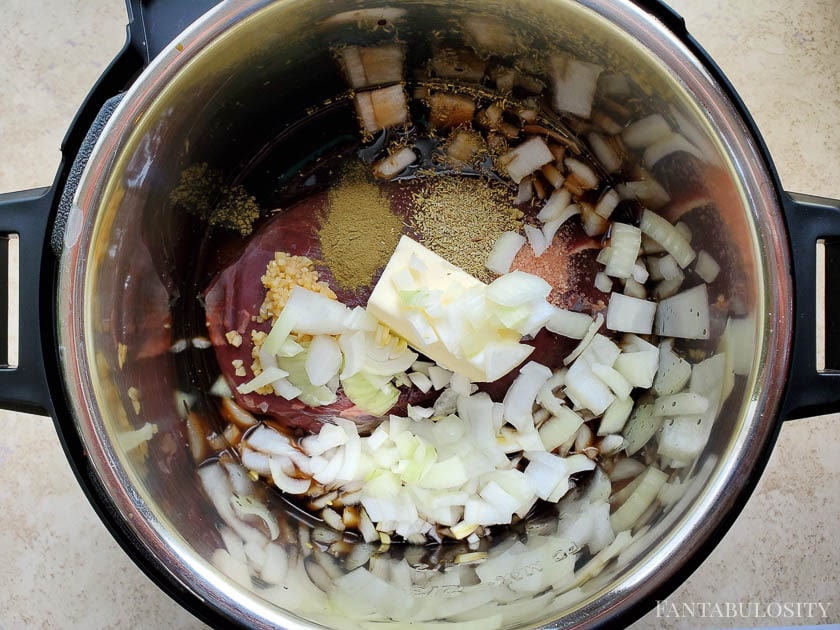 Ingredients in Instant Pot for Venison Roast French Dip