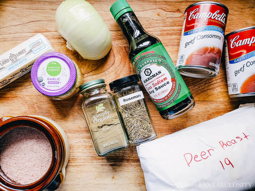 Ingredients laying out to make instant pot french dip sandwiches