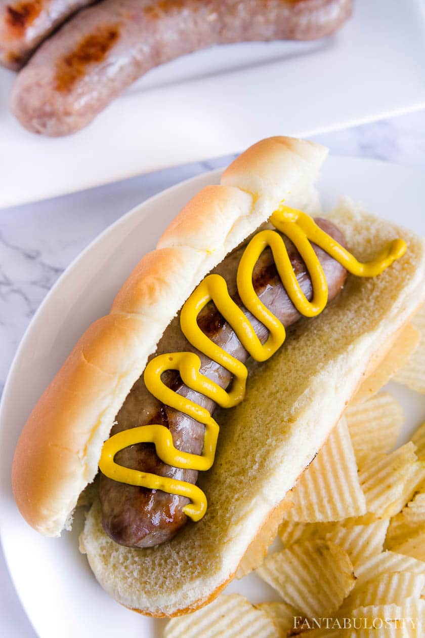 Brats in the oven - on bun with mustard