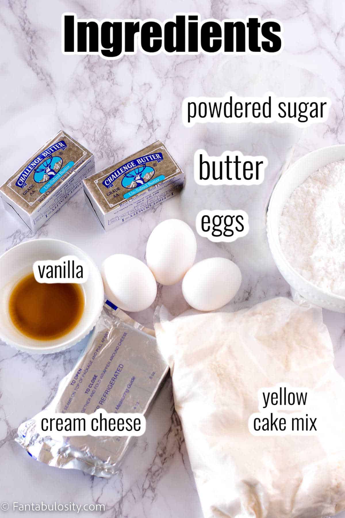 Ingredients for gooey butter cake on counter