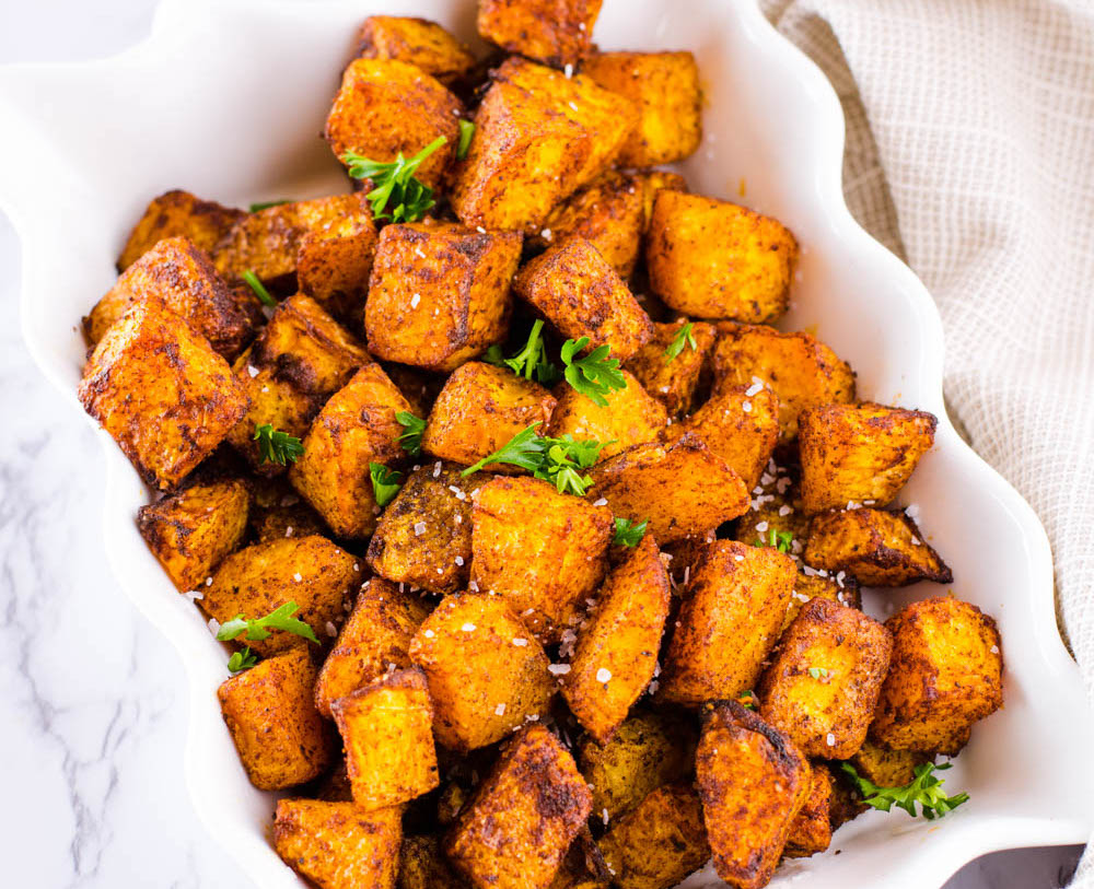 A platter with butternut squash cubes.