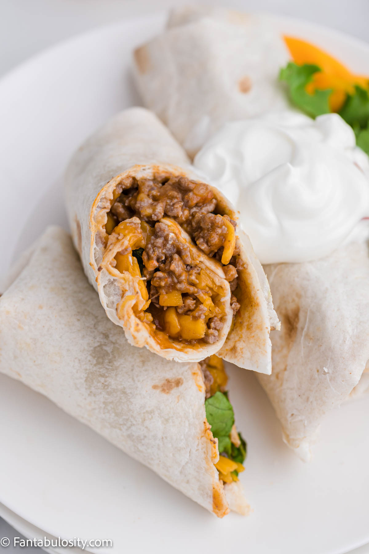 Beef and cheese burrito on white plate.