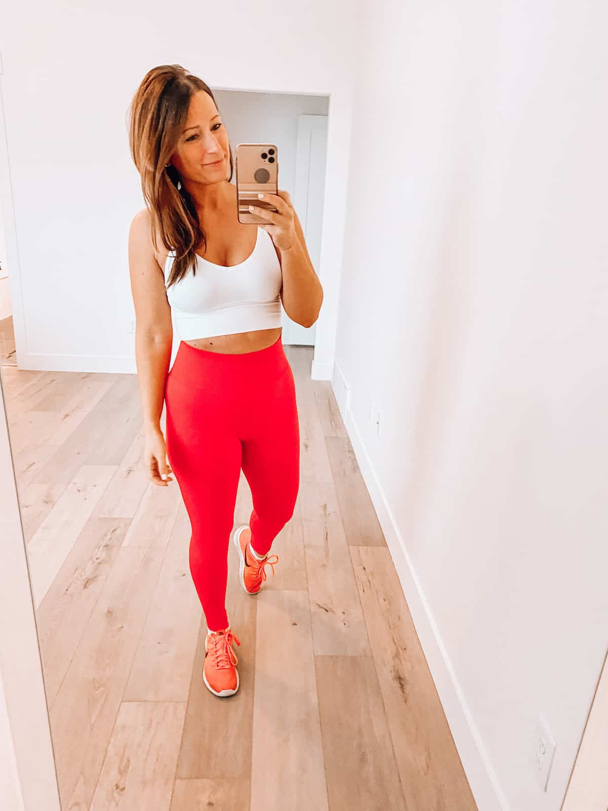 Woman wearing red workout pants