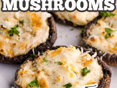 Stuffed baked portobello mushrooms with text on image