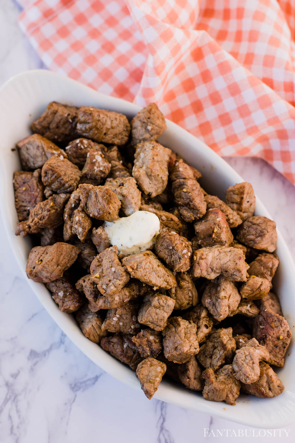 Steak Bites in a White Dish