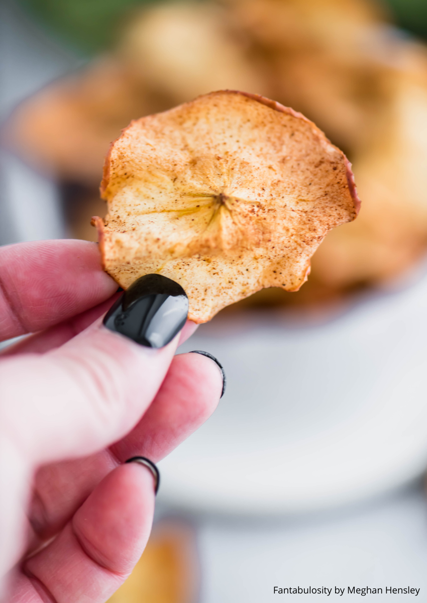 a hand holding an air fryer apple chip.