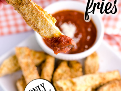 air fryer eggplant fries dipping in to marinara