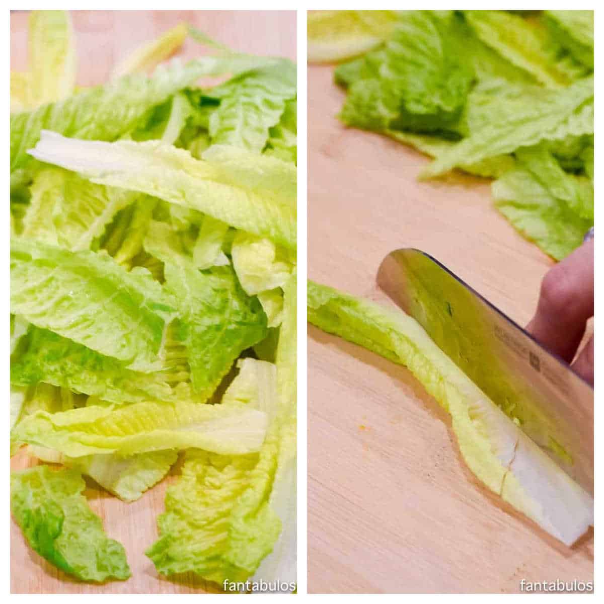 Two image collage of cutting romaine lettuce.