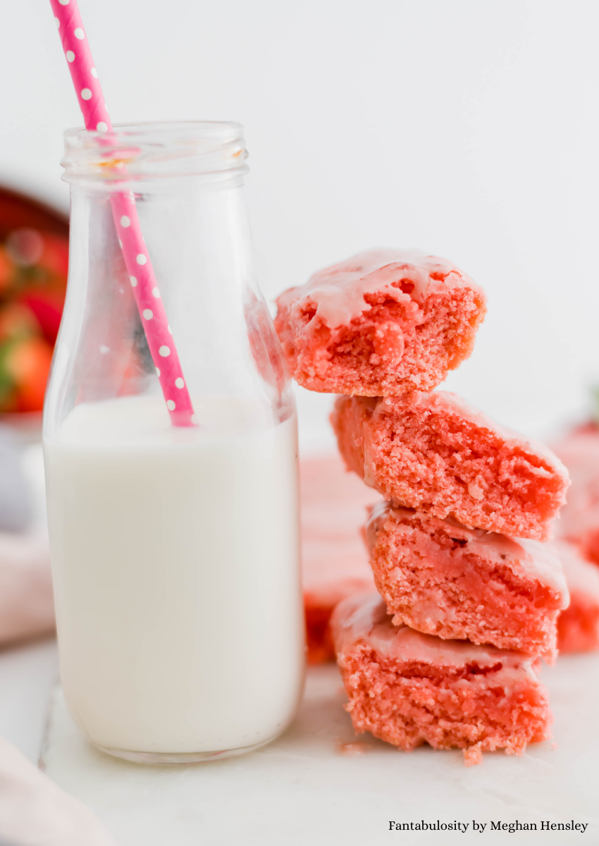 Strawberry Brownies with a glass of milk
