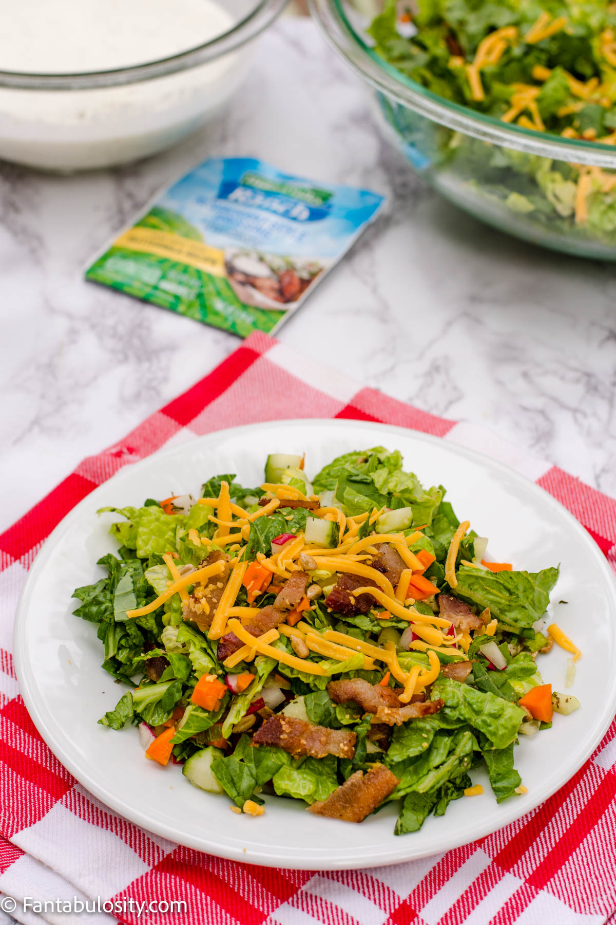 Salad ingredients on plate with dressing on the side