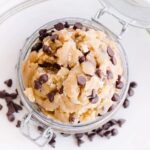 Edible cookie dough in glass jar.