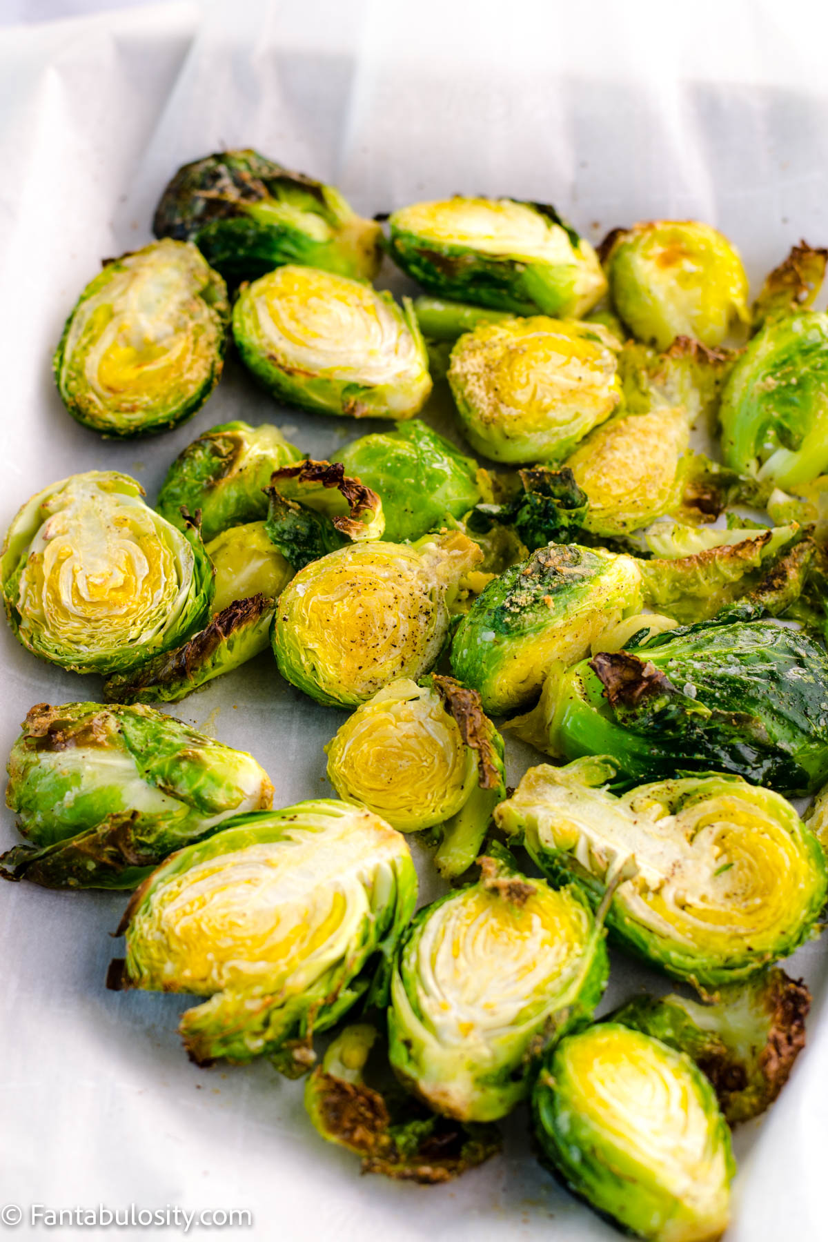Roasted brussels sprouts on baking pan