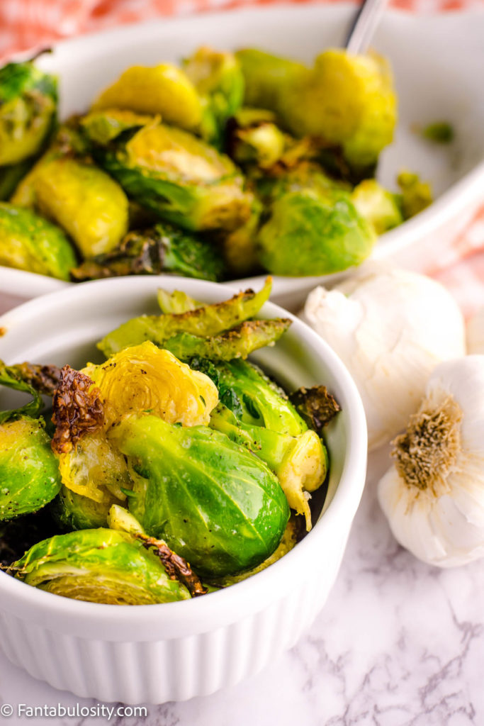 Roasted Brussels Sprouts in serving dish
