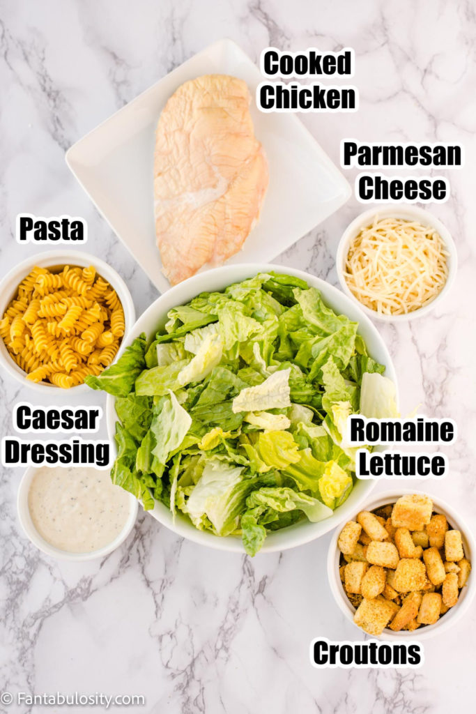 labeled ingredients for chicken caesar pasta salad