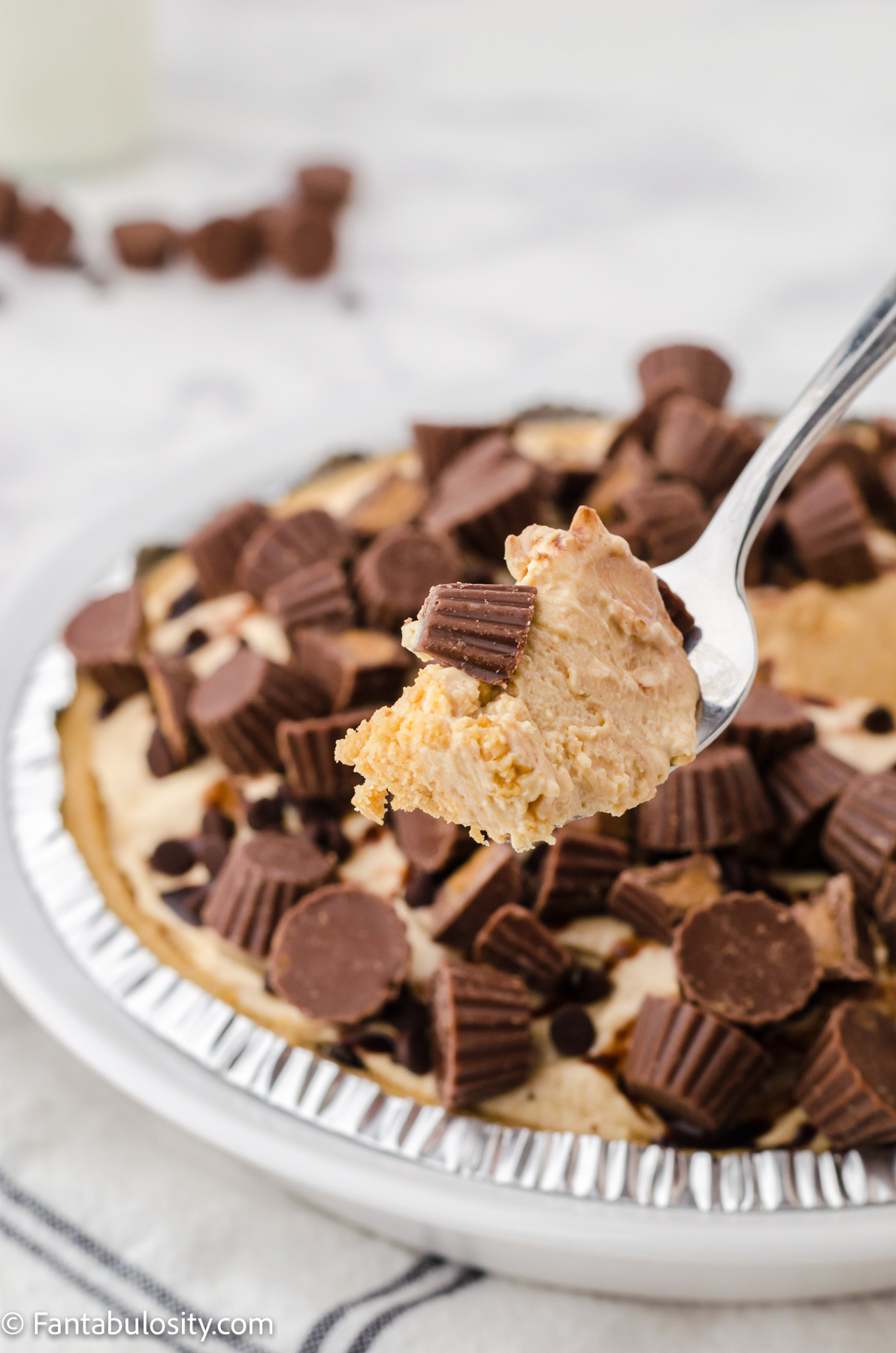 No bake peanut butter pie recipe with bite on a fork