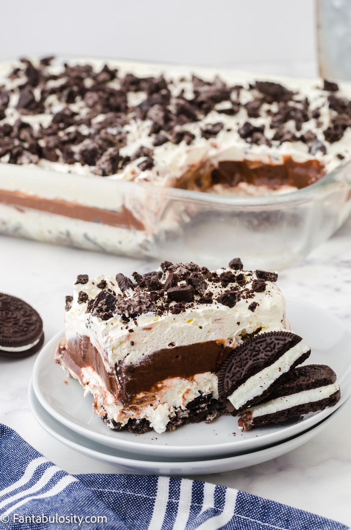 No Bake Oreo Pudding Dessert on a plate