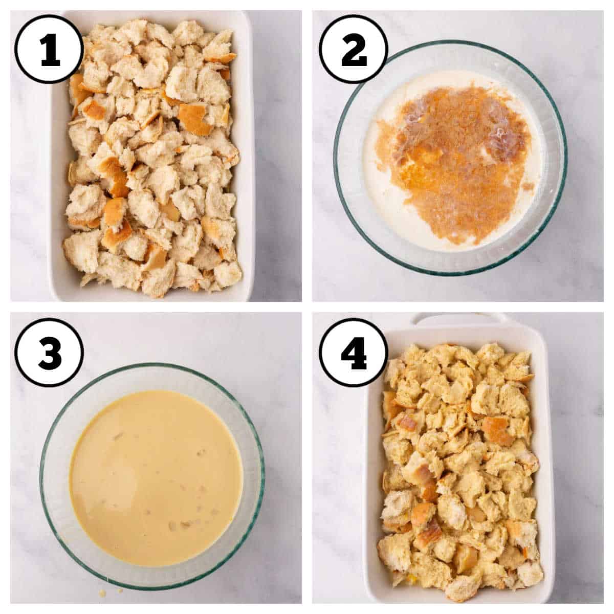 Steps 1-4 of French toast bake process.