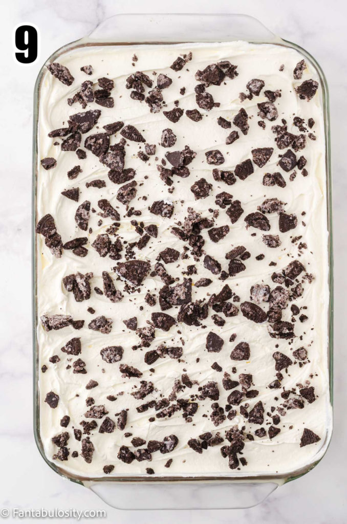 top Oreo dessert with crushed cookies
