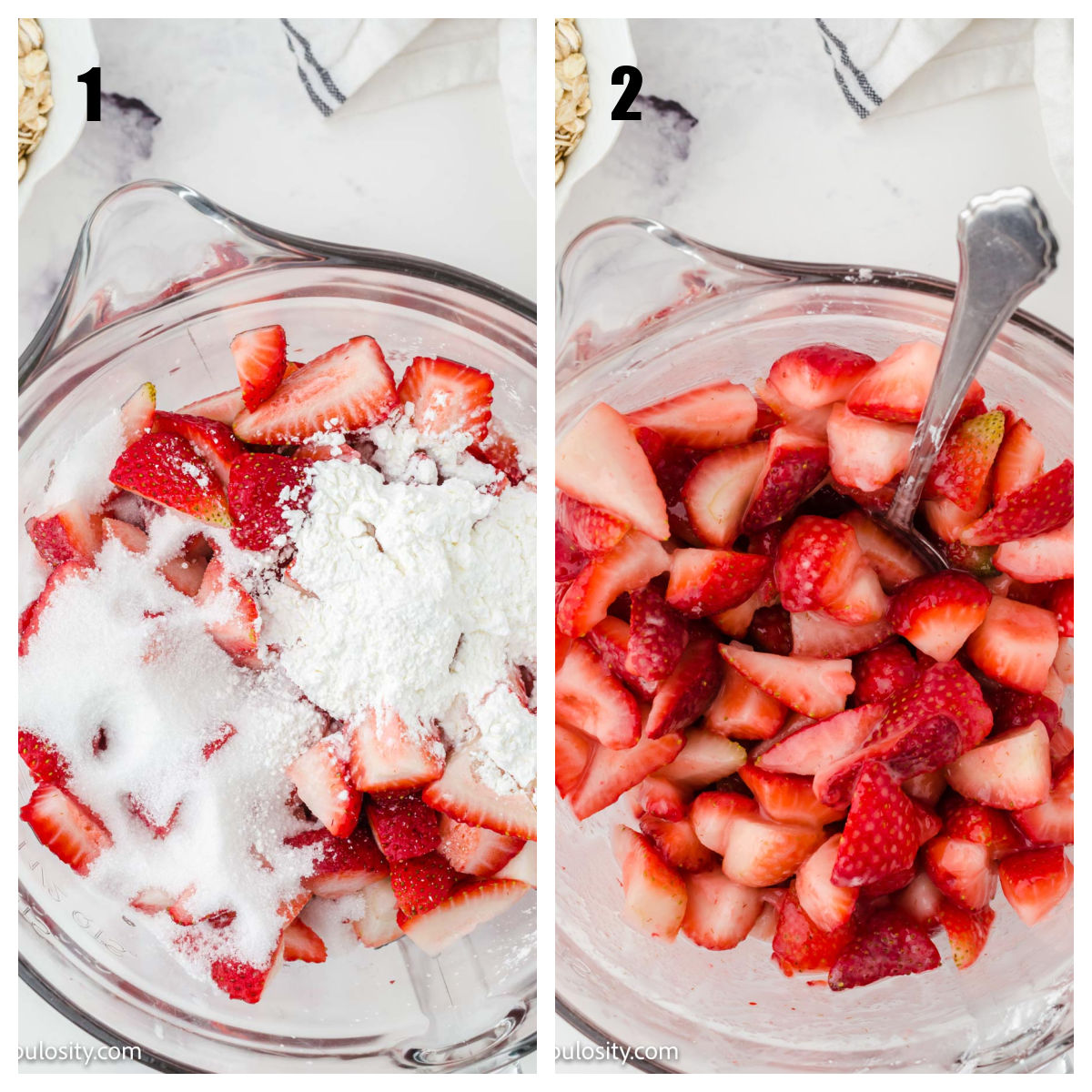 collage of strawberries in a bowl with corn starch