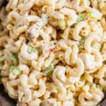 Close up of chicken macaroni salad in a bowl