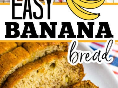 2 image collage of banana bread with text on image