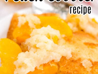 close up image of peach cobbler with text on image