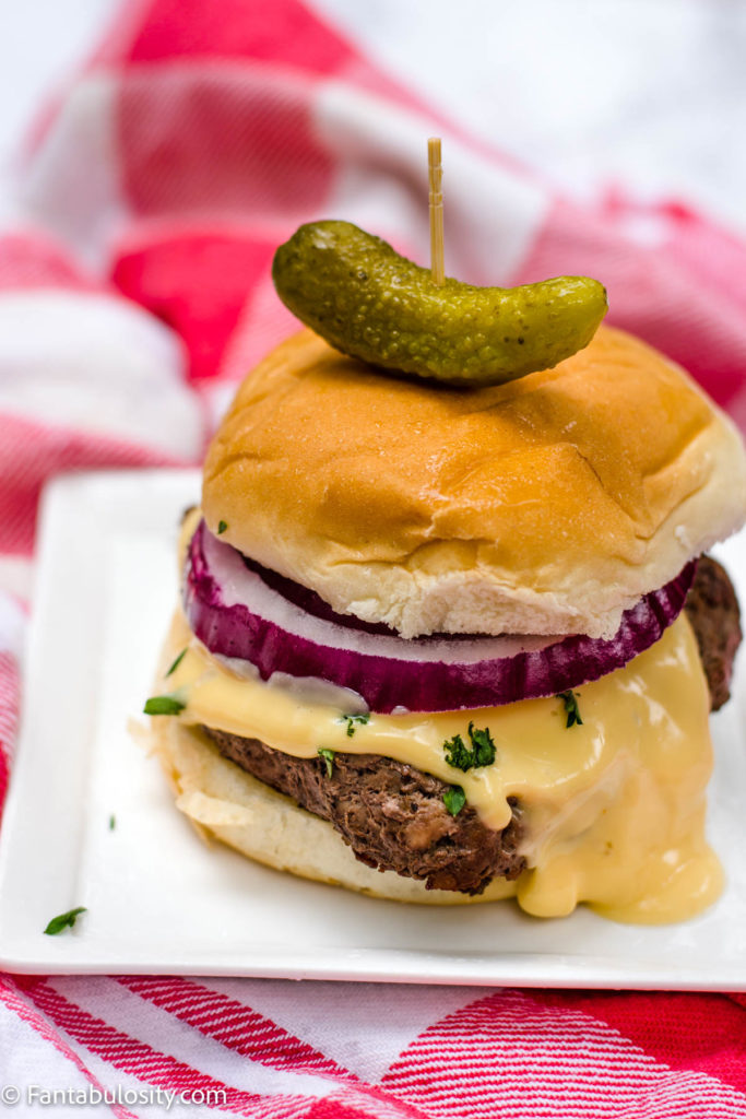 Hamburguesa con queso nacho, cebolla y pepinillo en pan