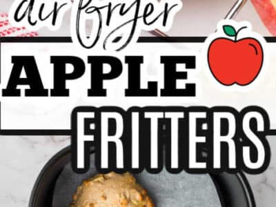Air fryer apple fritters on cooling rack and showing in the air fryer basket.