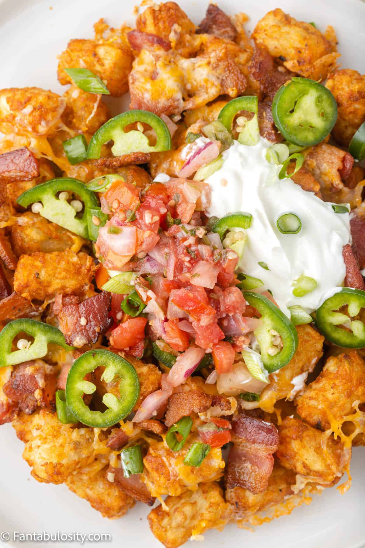 Tater tots with tomatoes, jalapenos and cheese.
